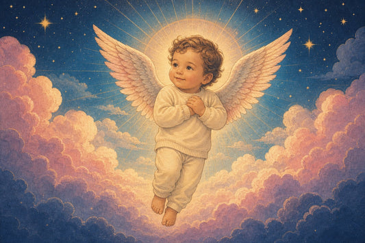 Gentle angel baby character surrounded by stars, clouds, and warm celestial light