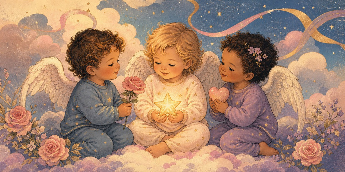 Three gentle angel baby characters sharing rose, star, and heart-shaped keepsakes