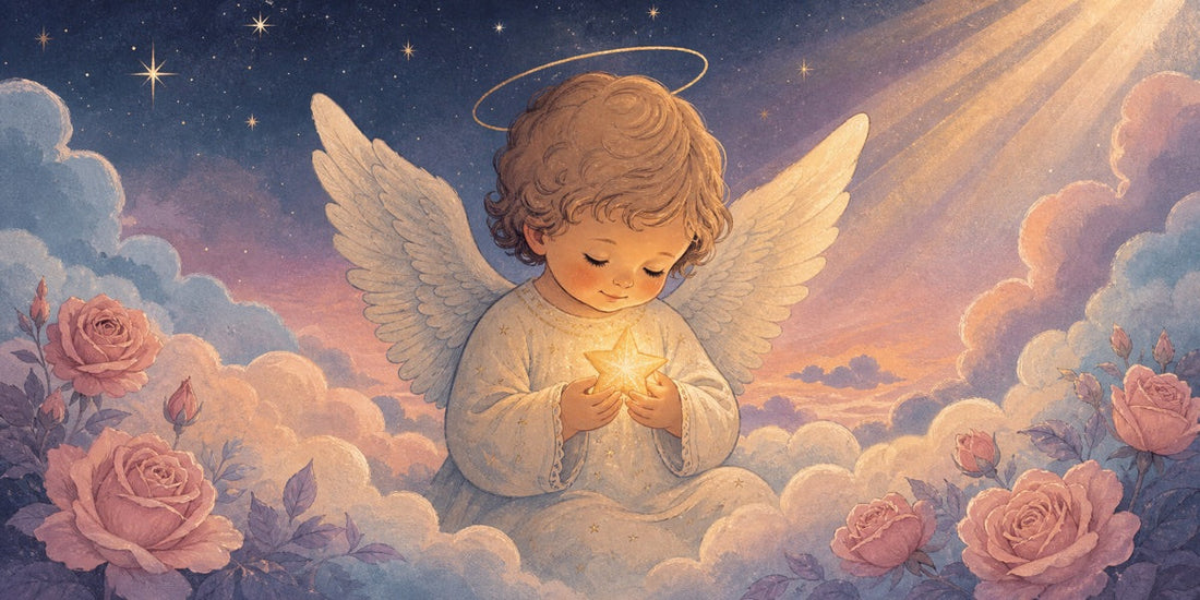 Gentle angel baby character holding a glowing keepsake star in a peaceful cloudscape