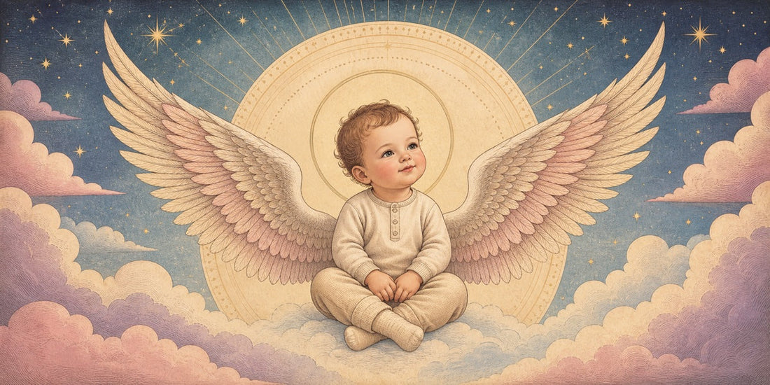 Symmetrical angel baby wings framing a calm celestial character