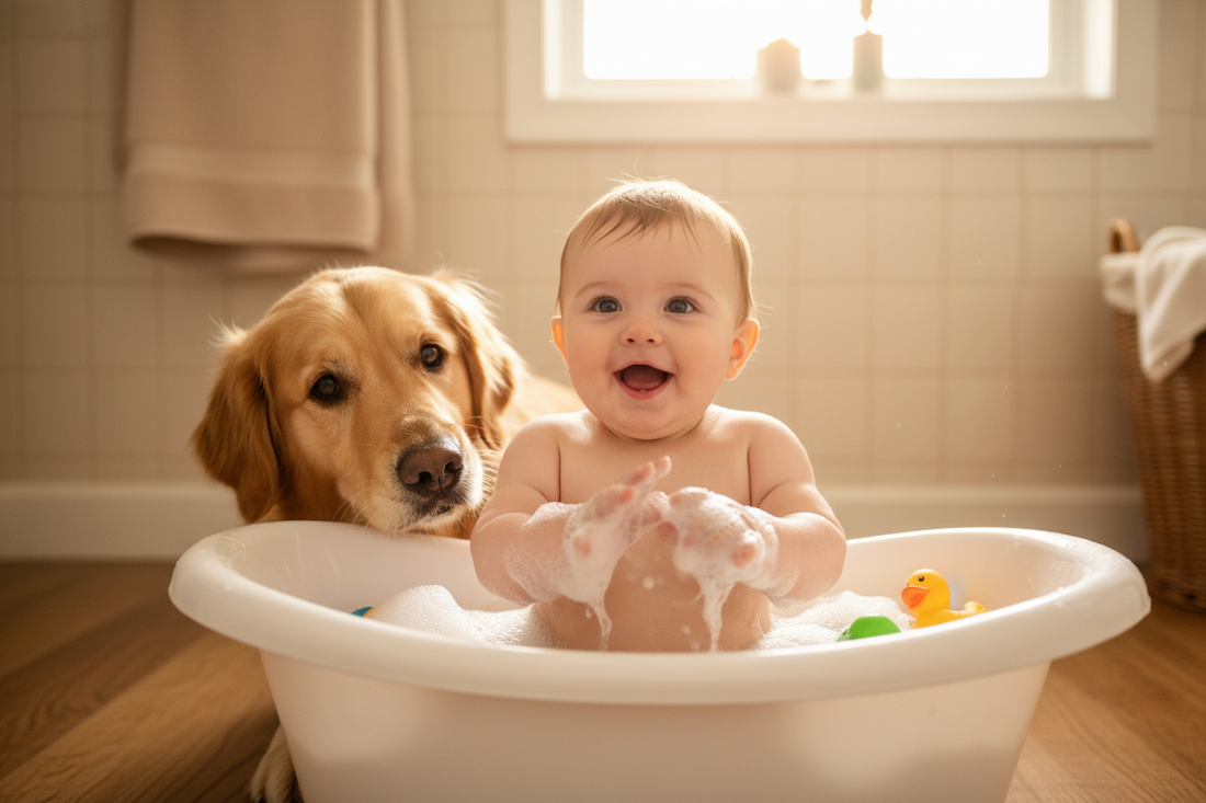 Baby’s First Bath vs Curious Dog