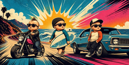 Crazy baby biker, surfer, and road-trip characters in a colorful motion-themed panorama