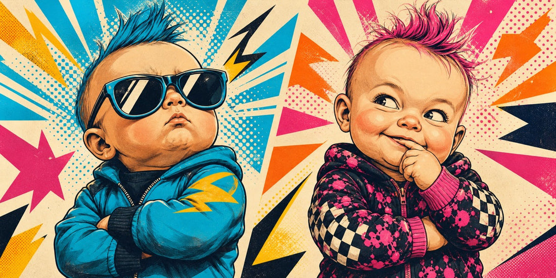 Two crazy baby character portraits showing bold and mischievous expressions