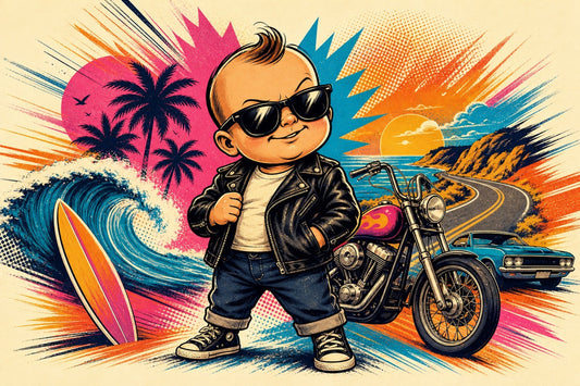 Retro crazy baby character with motorcycle, surfboard, and road-trip scenery