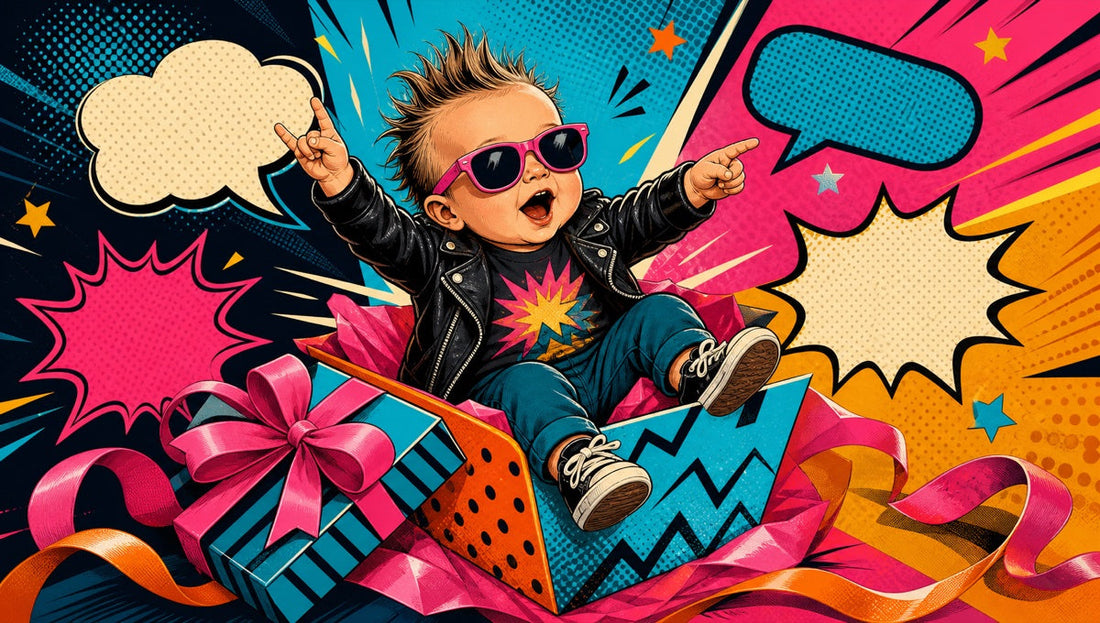 Crazy baby character popping from a colorful gift box as comic conversation bubbles radiate outward