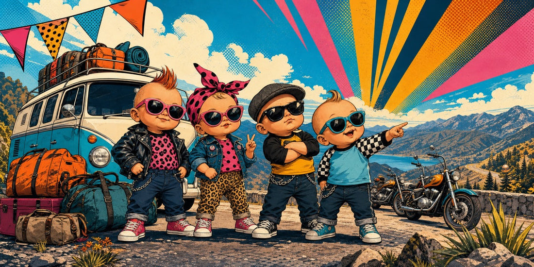 Lively crazy baby crew posing beside a retro van and motorcycles for a group road trip