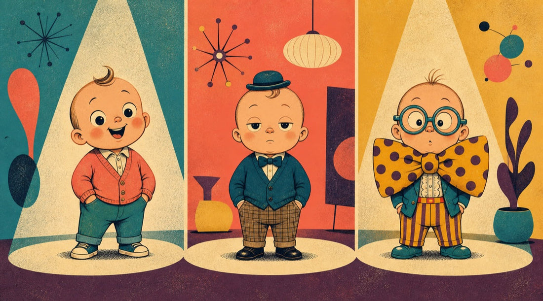 Three funny baby character portraits showing cute, deadpan, and absurd humor styles