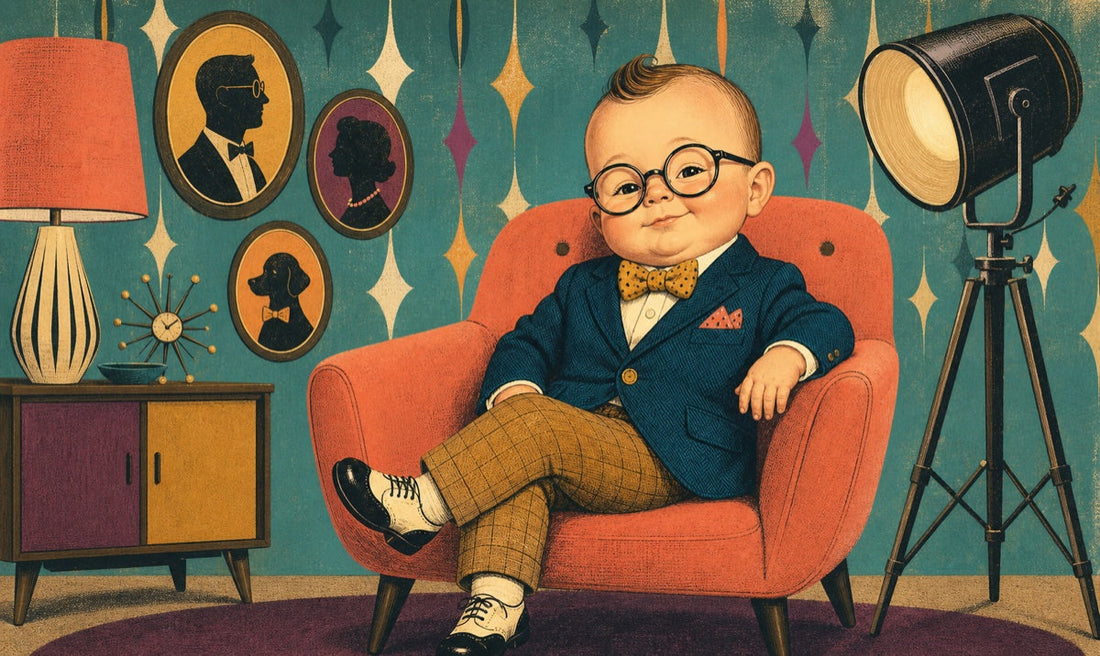 Dapper retro baby character wearing a bow tie and tailored jacket in a vintage portrait