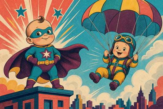 Funny retro baby characters dressed as a superhero and parachuting adventurer