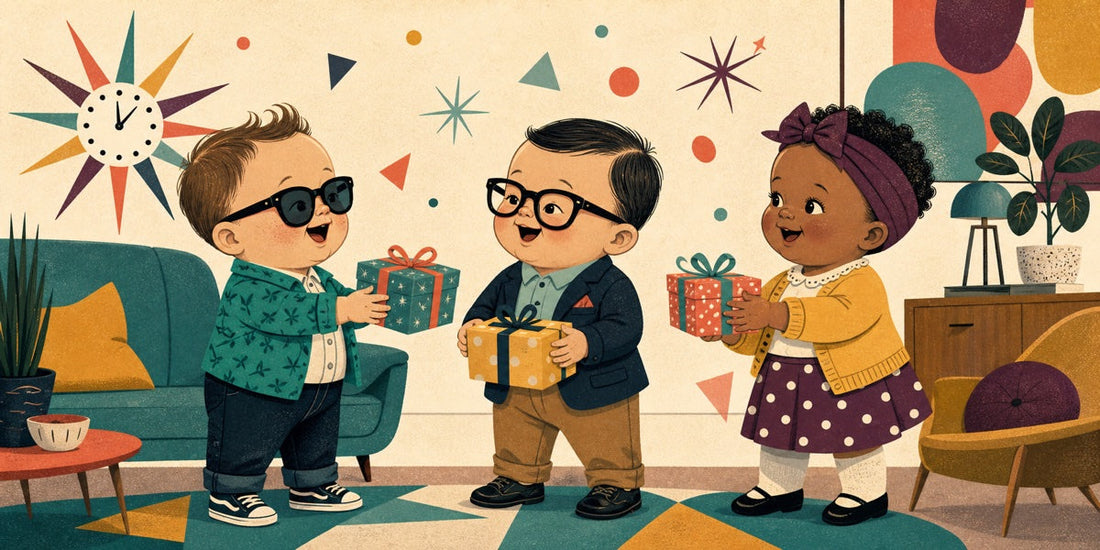 Three funny baby characters representing a friend, coworker, and family member exchanging cheerful gifts