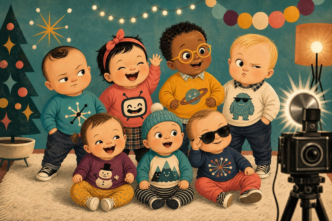 Funny baby character family posing for a cheerful retro holiday portrait