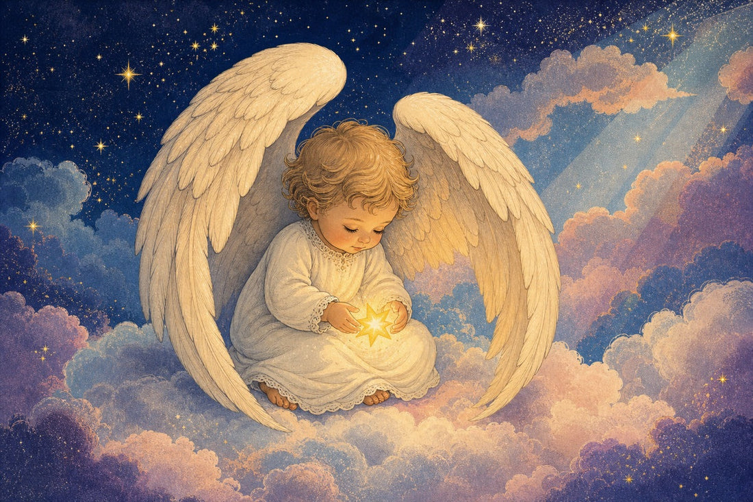 Guardian angel baby character sheltering a glowing star beneath protective wings