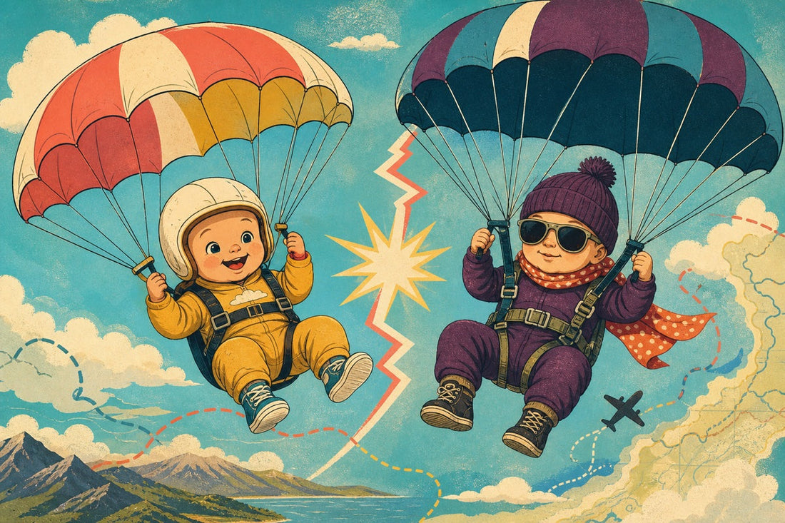 Two funny baby adventurers with colorful recreational parachutes and different personalities