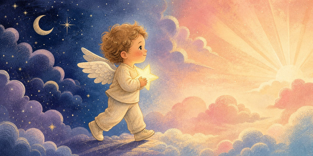 Angel baby character carrying a small glowing symbol from a quiet inner space into a bright public scene