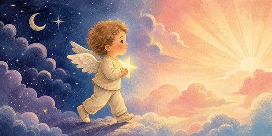 Angel baby character carrying a small glowing symbol from a quiet inner space into a bright public scene