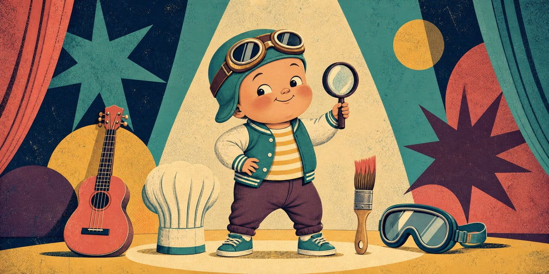 Funny baby character surrounded by storytelling props including a guitar, chef hat, and magnifying glass