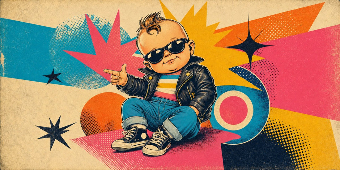 Retro crazy baby character surrounded by vintage comic halftones and starburst shapes