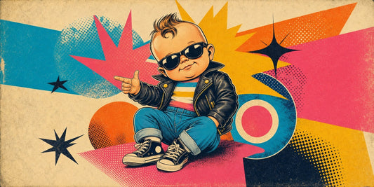 Retro crazy baby character surrounded by vintage comic halftones and starburst shapes