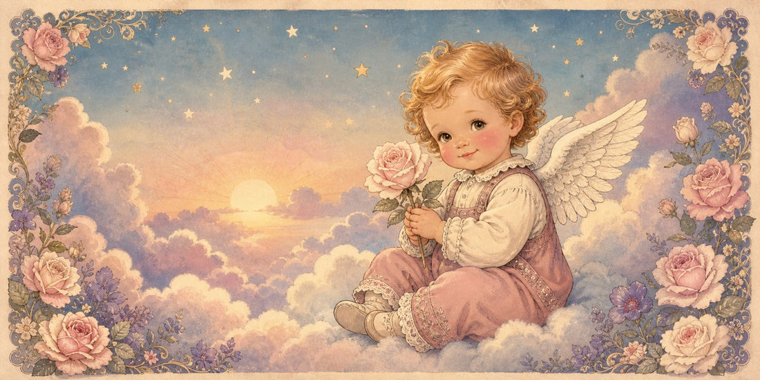 Rosy-cheeked angel baby character in a gentle vintage floral cloudscape