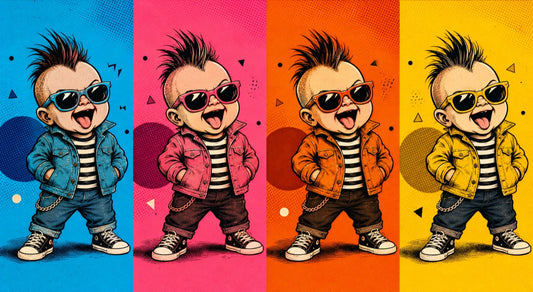 Crazy baby character art demonstrated against four bold color backgrounds