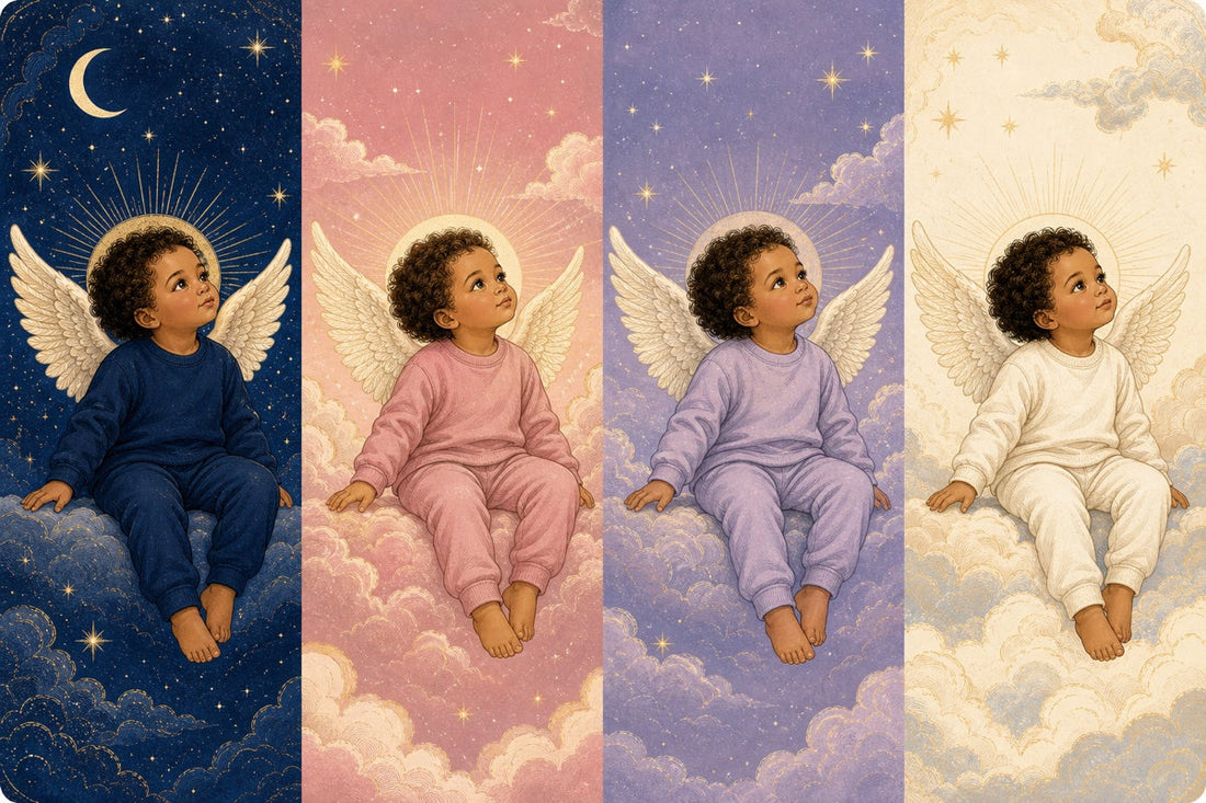 Angel baby artwork displayed across navy, rose, lavender, and cream color panels