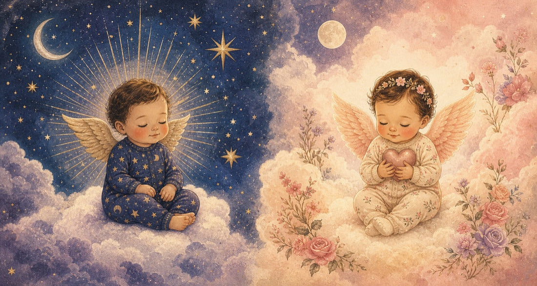 Two angel baby art styles showing celestial symbolism and warm sentimental comfort