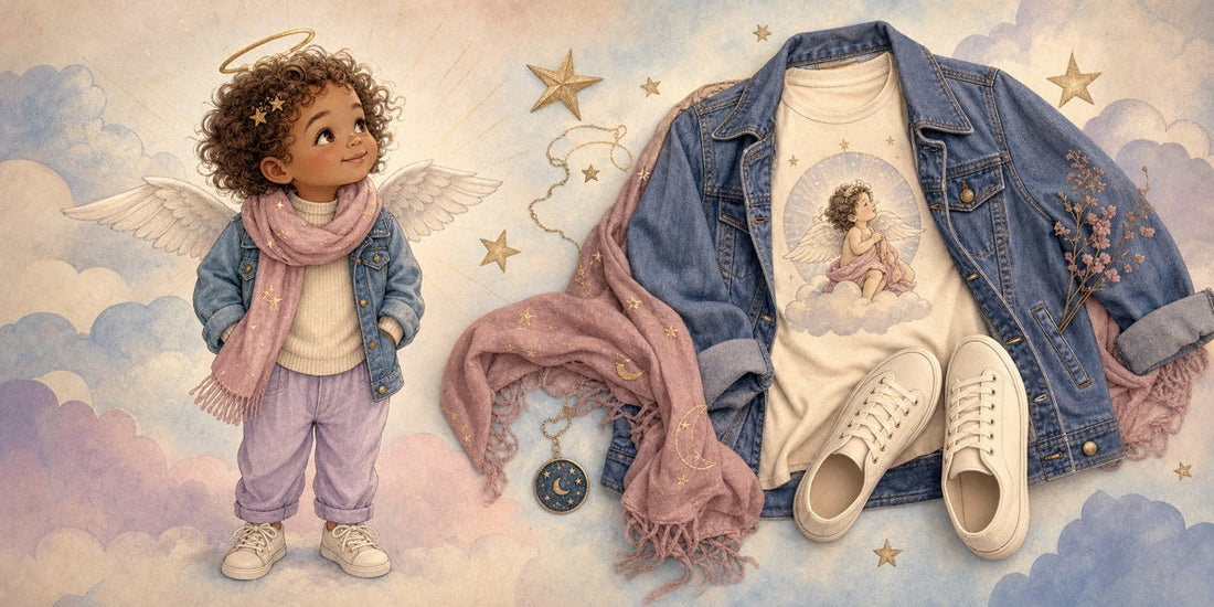 Angel baby character with a tasteful flat-lay of denim jacket, sneakers, and celestial accessories