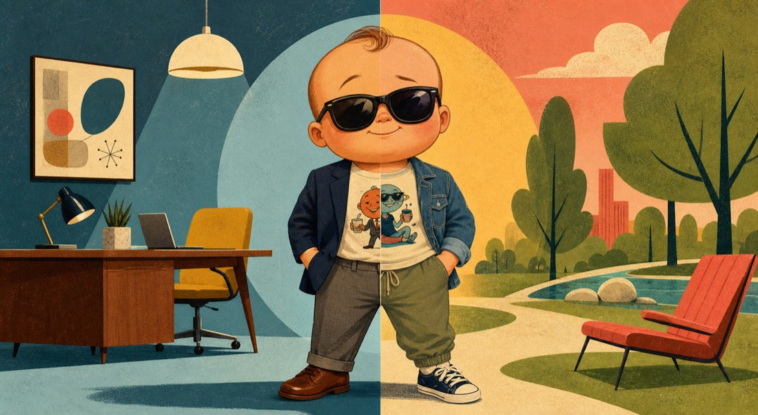 Funny baby character shown in smart-casual office and relaxed weekend looks