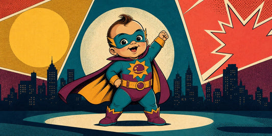 Original superhero baby character posing before colorful comic convention shapes