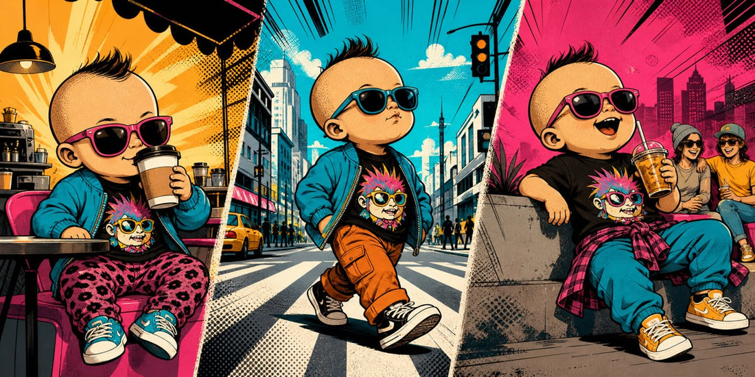 Confident crazy baby character moving through casual everyday city scenes