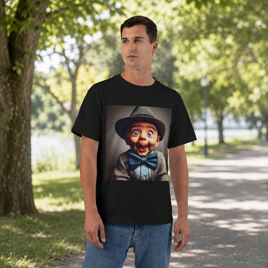 Funny Baby in a Hat Graphic T-Shirt worn by an adult male model in a tree-lined park
